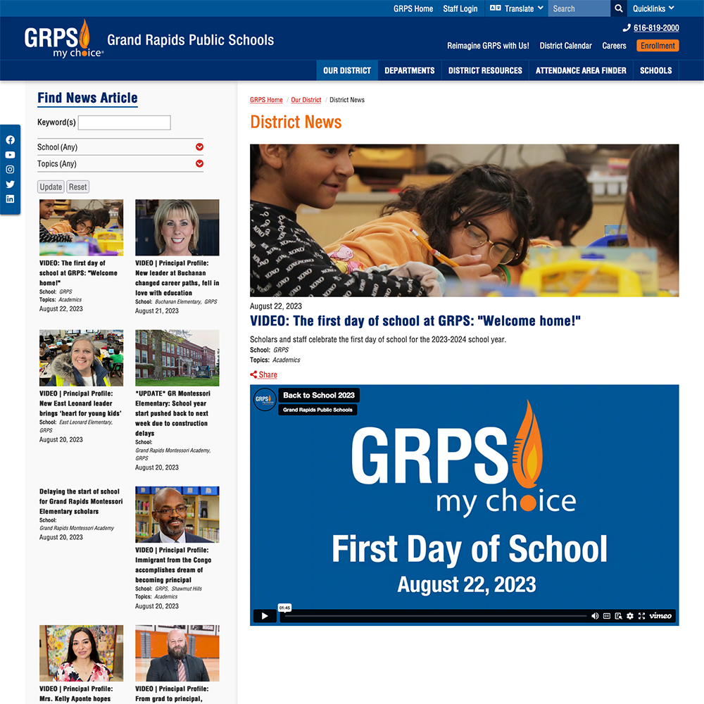 With 40+ schools, GRPS is able to share news from across the district to individual building pages and offer a robust story search on their District News page.