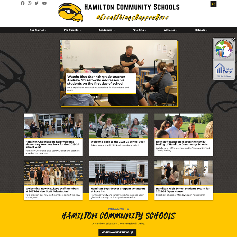 Hamilton Community Schools keeps their homepage dynamic by using the stories feature to surface news from around the district.