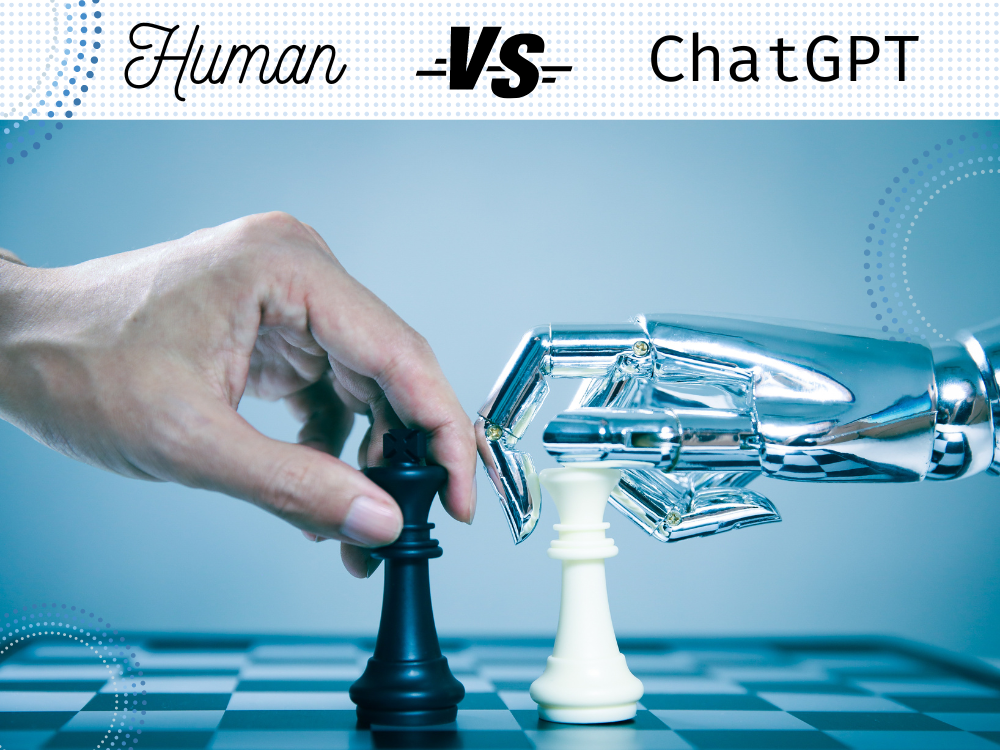 A robot and a human are playing chess against each other. The title says 