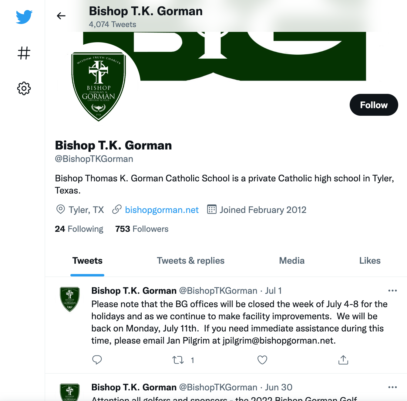 Twitter feed of Bishop T.K. Gorman Catholic School