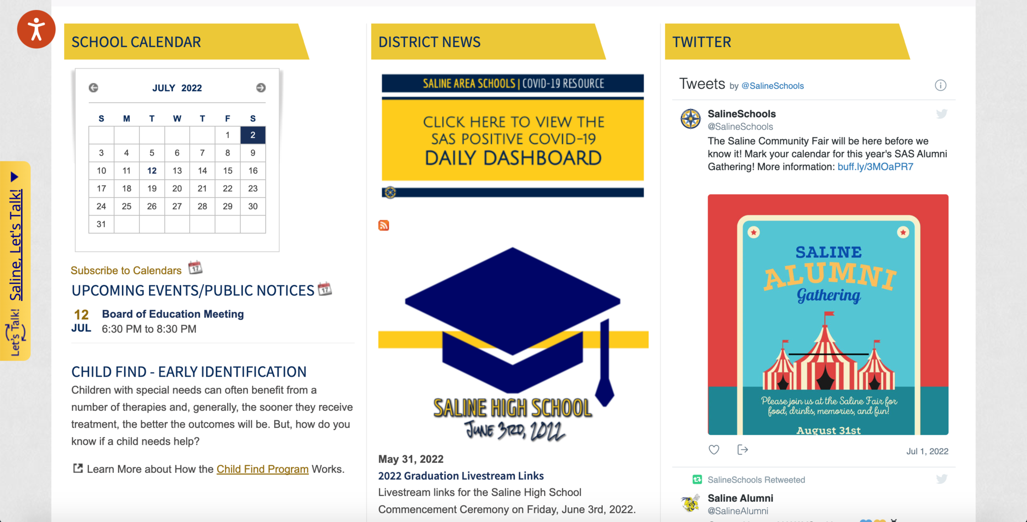 School calendar, district news, and social media feed layout from Saline Area Schools