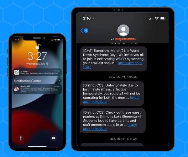 Push and text notifications on a mobile phone and iPad