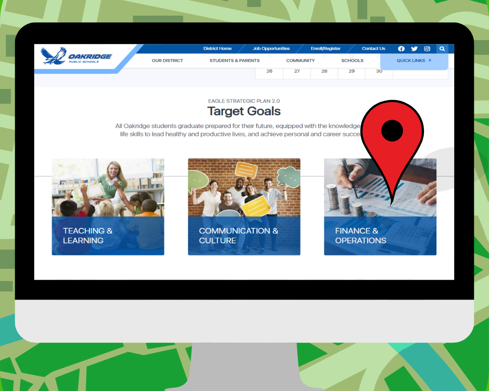 Homepage of Oakridge Schools website that illustrates great User Experience navigation design