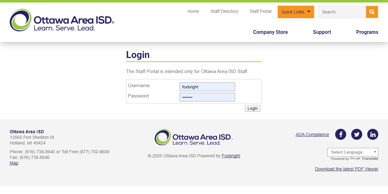 Example of Password Protect Pages login screen for staff