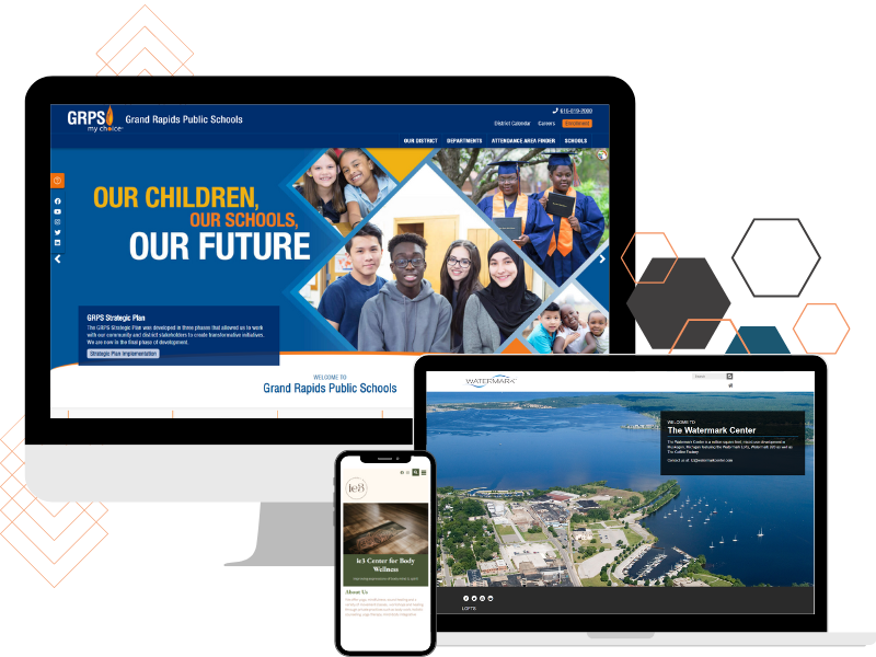 A group of three websites showing the responsive design abilities of Foxbright. The Grand Rapids Public Schools site is on the large computer, Watermark club is on the smaller computer, and iE3 body wellness is shown on the phone